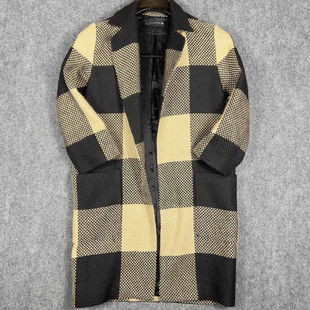 Zara Woman Textured Long Coat XS Black Tan Check Open Front Oversized Jacket